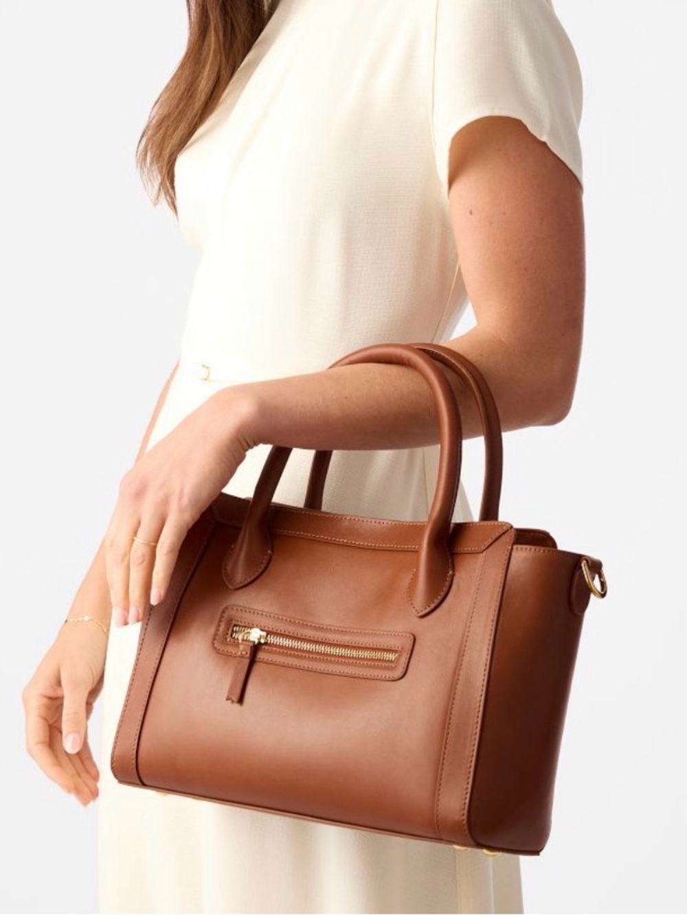 NEW!! Mark & Graham Zoe Classic Tan Leather Tote Bag with Front Zip Pocket
